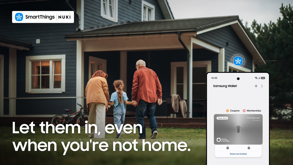smartthings's tweet photo. Your parents are arriving before you get home. Send a secure Digital Home Key via @SamsungUS Wallet and #SmartThings so they can unlock your @nuki_smartlock Nuki Home Set NFC (Deadbolt) from their Galaxy. Shop now: https://t.co/JqjeqpwGzq https://t.co/JYpO9iEvYL