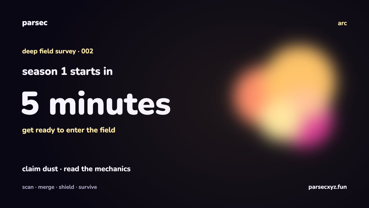 parsecxyz's tweet photo. 5 minutes to go

deep field survey 002 · season 1 on @arc 

001 holders — claim your dust
everyone — read the mechanics and get ready

scan · merge · shield · survive

see you in the field
https://t.co/lkrxUtbASX https://t.co/c5bUGkLEbU