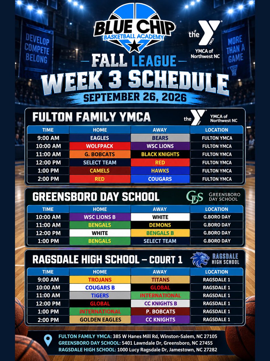 TriadBlueChip's tweet photo. 🗣️ GAMEDAY, WEEK 3️⃣

🏀 14th Annual Triad High School Fall League powered by @ymcaofnwnc ‼️

📍 @fultonfamilyync 
📍 Greensboro Day School
📍 Ragsdale High School

🎟️ $5 (Cash) or $6 💳

🔗 https://t.co/U0rPaXdKpv https://t.co/tanHCVvmOQ