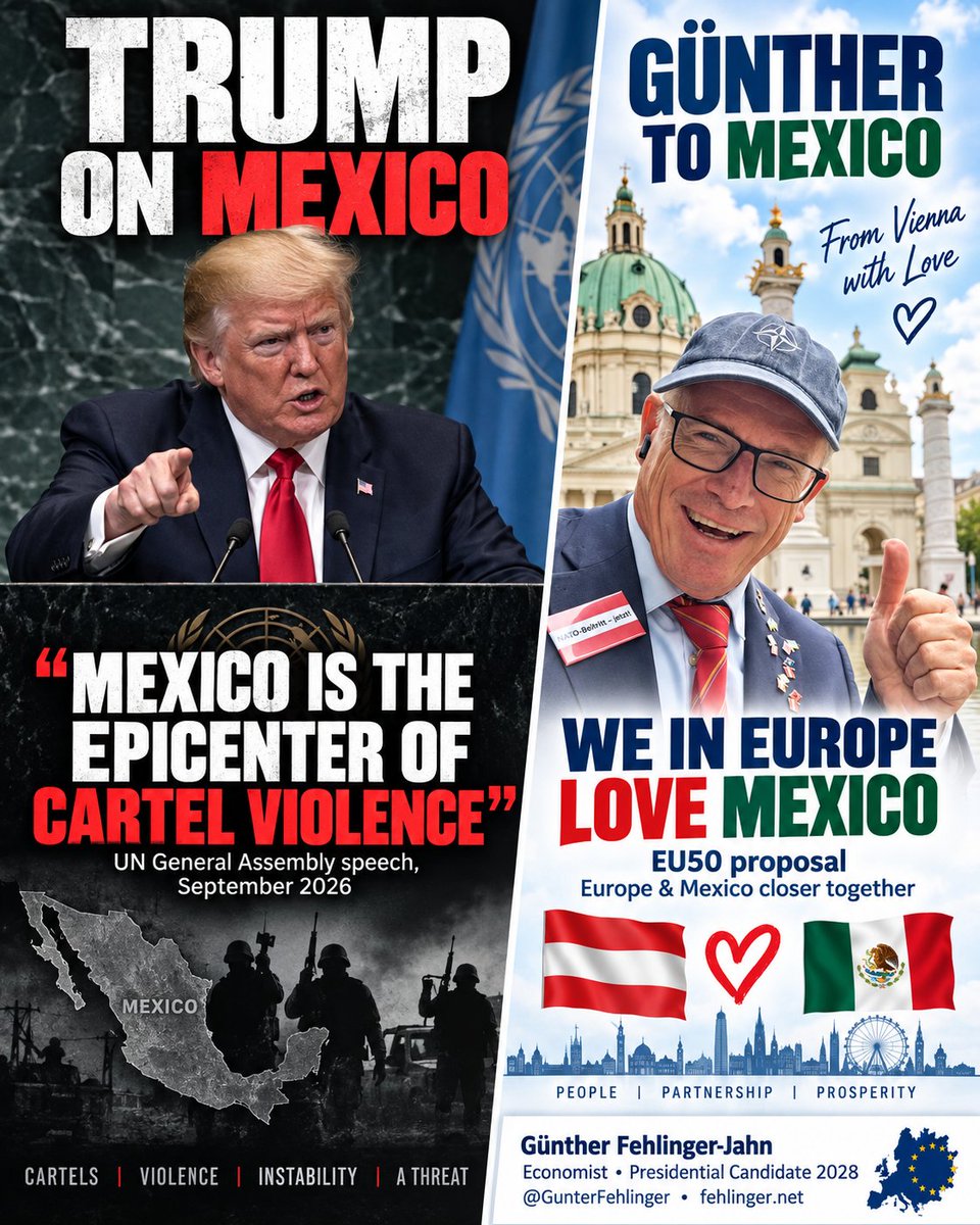 GunterFehlinger's tweet photo. Trump told the UN General Assembly that “Mexico is the epicenter of cartel violence” and urged Mexico to regain control of territory from criminal groups. 
My message from Vienna is different:
🇲🇽 Mexico is more than cartels.
Mexico is one of the great nations of the Western world — a major economy, an OECD member, a cultural powerhouse and an important partner for Europe.
My proposal is clear: bring Europe and Mexico much closer together. I propose Mexico as part of my long-term EU50 vision — deeper economic integration, stronger political partnership and a common transatlantic future.
🇦🇹❤️🇲🇽 From Vienna with love.
Trump speaks about Mexico through the lens of cartels and security. I want Europe to speak about partnership, trade, opportunity and friendship.
Mexico, join EU50.
Günther Fehlinger-Jahn
Economist • Podcaster
https://t.co/4HINhwoD2M
@GunterFehlinger

#Mexico #EU50 #Europe #Vienna #EuropeanUnion #Trump #MexicoEU #FehlingerPlan