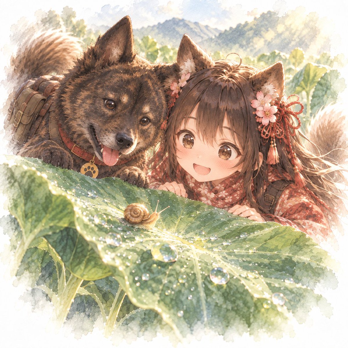 Junmage1105W's tweet photo. おはようございます☀️
シルバーウィークも今日で最終日。
朝露きらめく里芋畑で、小さなお友達を見つけました🐌✨
「三毛丸、見て見て！」

今日も素敵な一日になりますように🌿🌸
#AIイラスト #AIart️️️️️️️️️️️️️️️️️️️️️️️️️️️️️️️️️️️️️️️️️️️️️️️️️️️