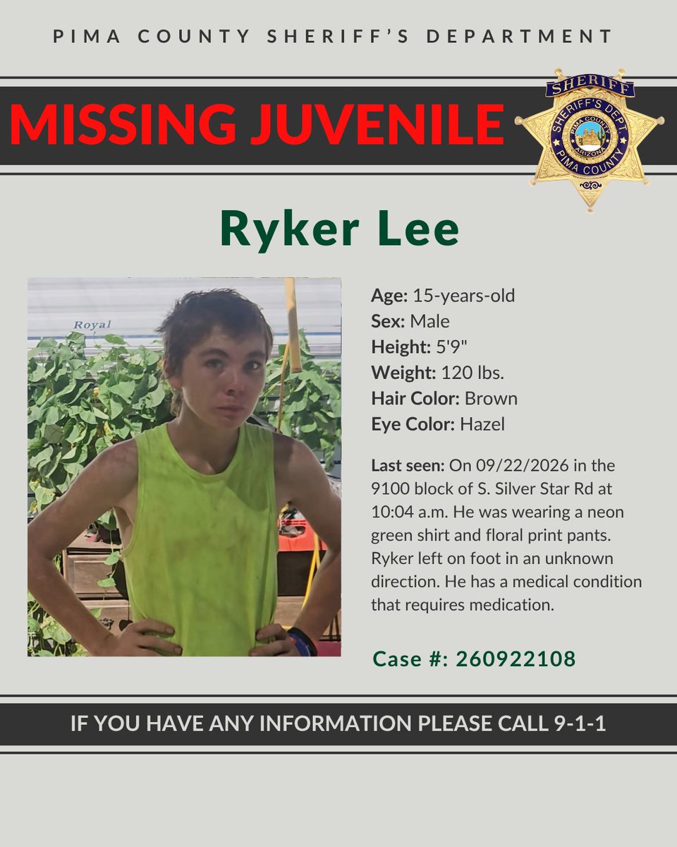 PimaSheriff's tweet photo. Missing Juvenile Ryker Lee
If you have seen Ryker, please call 9-1-1. https://t.co/c065MAEeQB