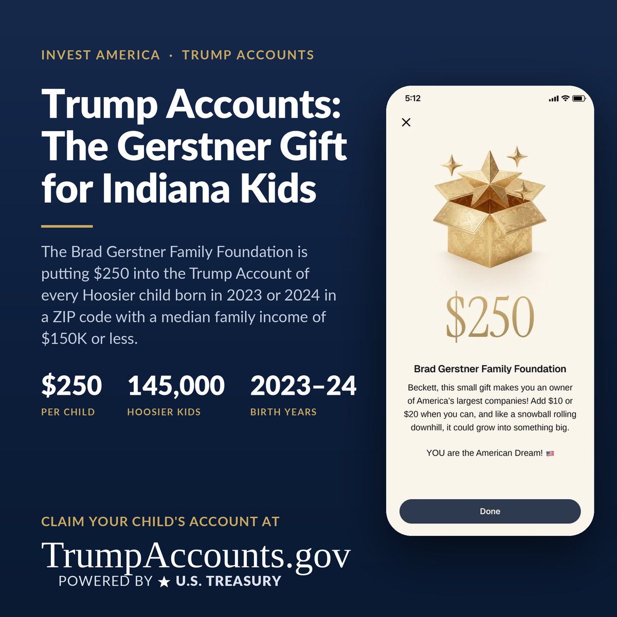 AndrewIrelandIN's tweet photo. This is awesome - Indiana's own Brad Gerstner just gifted $250 each to more than 140,000 kids here in his home state.

Trump Accounts are a game changer and will be a HUGE win for Hoosier families 🇺🇸 https://t.co/LF0VPMZ8Iy