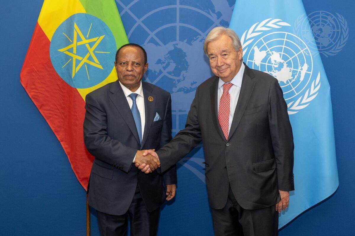 UN_Spokesperson's tweet photo. .@antonioguterres met with H.E. Mr. Taye Atske Selassie Amde, President of the Federal Democratic Republic of Ethiopia.

They discussed development priorities in Ethiopia and peace and security in the Horn of Africa.

Full readout: https://t.co/foB8kRxFAU https://t.co/I2tbjhTJjE