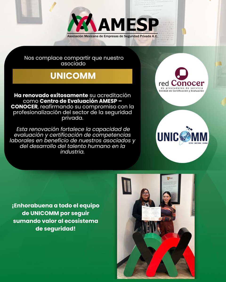 AMESP_oficial's tweet photo. Nos complace compartir que nuestro asociado UNICOMM ha renovado exitosamente su acreditación como Centro de Evaluación AMESP – @ConocerMx , reafirmando su compromiso con la profesionalización del sector de la seguridad privada.

#AMESP #CentroDeEvaluación #CONOCER https://t.co/9KAynBP9we