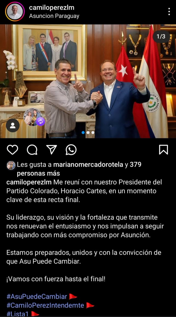 elecccionespy's tweet photo. Camilo Pérez se reunió con Horacio Cartes en la recta final

El candidato a intendente de Asunción por la ANR, @CamiloPerezLM , mantuvo un encuentro con el presidente del Partido Colorado, Horacio Cartes. 

> "Su liderazgo y fortaleza nos renuevan el entusiasmo", afirmó Pérez, y aseguró que llegan "preparados y unidos" al cierre de la campaña con el lema #AsuPuedeCambiar.