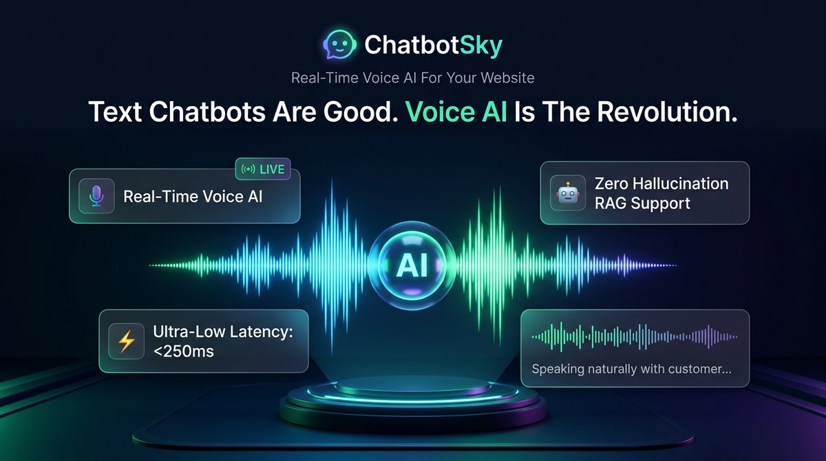 Chatbotsky's tweet photo. Text chatbots are good. Voice AI is the revolution. 🎙️⚡

Imagine your website visitors having natural, real-time voice conversations with your AI assistant — resolving issues and closing deals instantly.

Meet ChatbotSky:

🔹 Ultra-low latency voice responses
🔹 Zero hallucinations (trained strictly on your business data)
🔹 Seamless handover to human agents when needed
🔹 One-line code embed on WordPress, Shopify & custom sites

Experience the future of conversational support today 👇
🔗 https://t.co/5NTmj3LFJ8

#VoiceAI #SaaS #CustomerSupport #AI #Automation #TechStartups #Growth #SKYB $SKYB