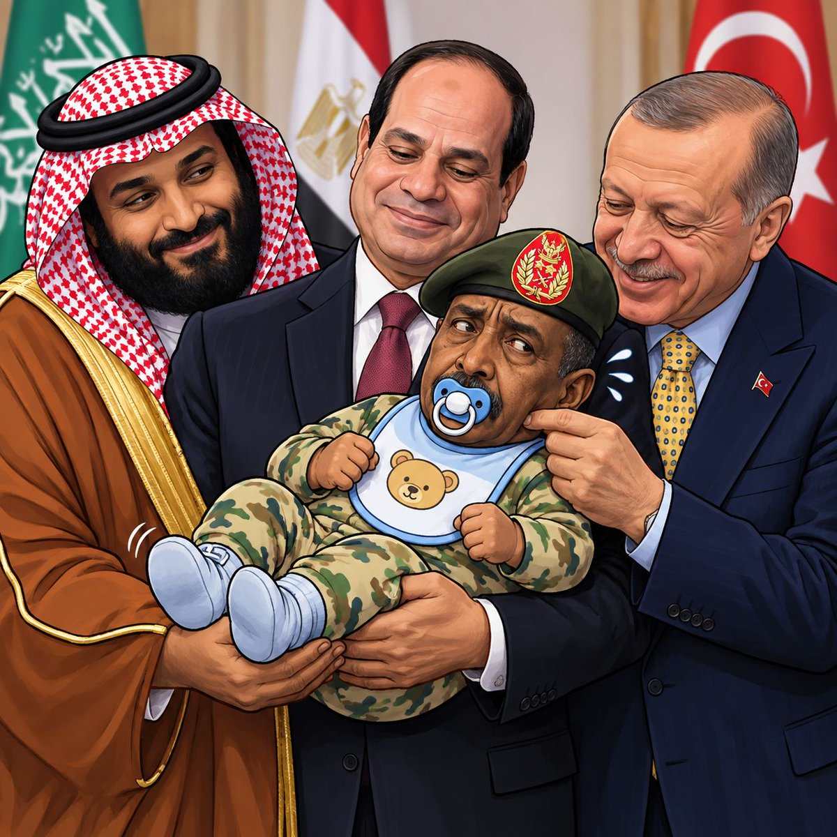 ARABanalysisX's tweet photo. After the US denied his visa, there is massive pressure from the sponsors of the Sudanese war, MBS, Erdogan and Sisi, to let Al Burhan speak at the UN. It is clear now: those who make money out of that war have no interest in the war being finished. According to Reuters, Al Burhan was asked to sign a ceasefire in order to speak at the UN, but he refused. When his sponsors of war heard about that, they came together to beg Trump not to stop the war. They will not be able to sell weapons, of course, and will lose their pawn. What a disgrace. The US should not fall under pressure!