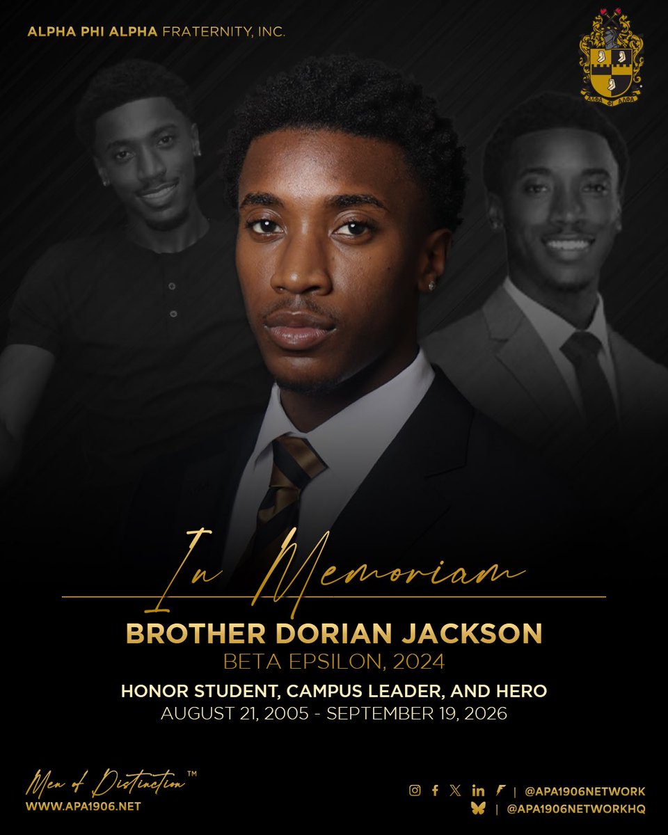 apa1906NETwork's tweet photo. Alpha Phi Alpha Fraternity, Inc. remembers and recognizes the heroism of our late Brother Dorian Jackson, a 2024 Beta Epsilon Chapter initiate at North Carolina A&amp;T University, who was killed after saving his sister’s life when her kayak capsized in North Carolina. https://t.co/FHP8OpAg4E