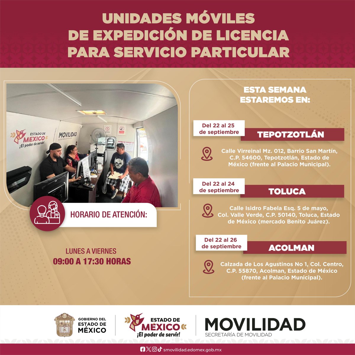 SEMOV_Edomex's tweet photo. 🚐💳 ¡Estamos más cerca de ti! Nuestras unidades móviles llegan para que realices tu trámite de licencia de servicio público de forma rápida y sencilla. ✅👨‍✈️👩‍✈️

🔎 Consulta requisitos y costos en el siguiente link:
💻 https://t.co/NMYAWT27Mu https://t.co/Cufj19B0Ig