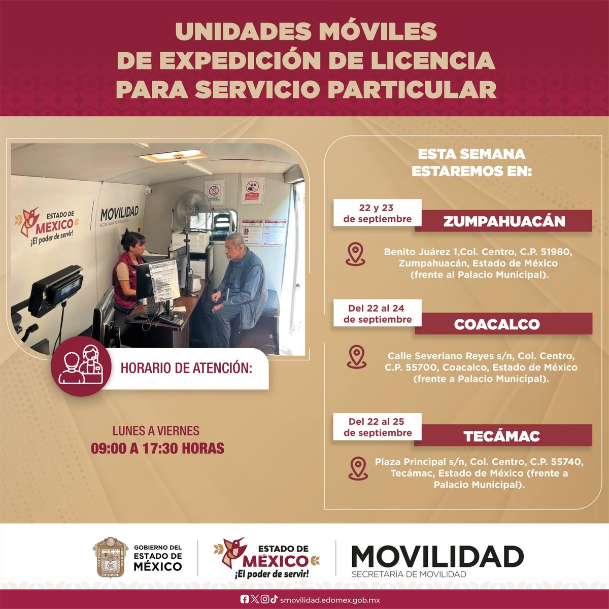 SEMOV_Edomex's tweet photo. 🚐💳 ¡Estamos más cerca de ti! Nuestras unidades móviles llegan para que realices tu trámite de licencia de servicio público de forma rápida y sencilla. ✅👨‍✈️👩‍✈️

🔎 Consulta requisitos y costos en el siguiente link:
💻 https://t.co/NMYAWT27Mu https://t.co/Cufj19B0Ig