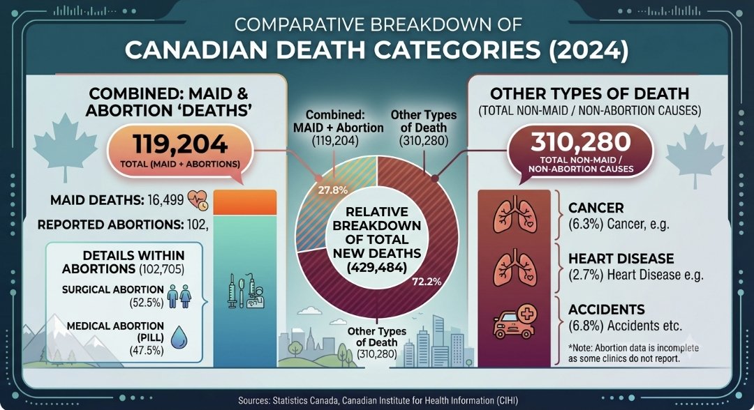 WilberfProject's tweet photo. If we account for both medical assistance in dying and abortion, nearly three in ten lives lost in Canada involve a conscious choice to bring life to an end. This points to a deeper question about how we view human vulnerability.

A truly supportive society isn't measured by how quickly it resolves pain through termination, but by how courageously it embraces life in its entirety; by holding space for the trials, the triumphs, and the irreplaceable worth of every human story from start to finish.

Reject death. Protect life.

#prolife #maid #abortion