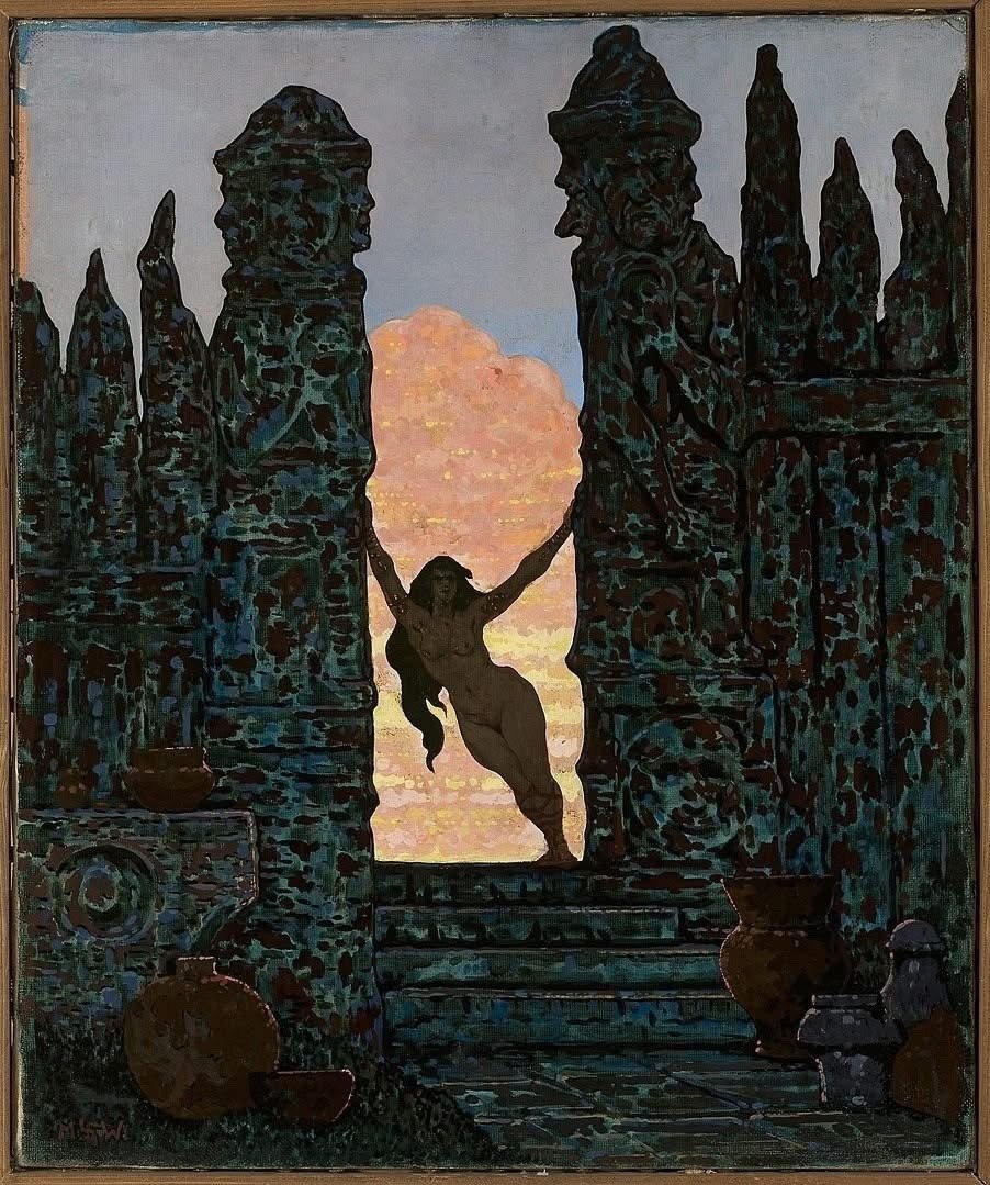 ArtorOtherThing's tweet photo. Holy Entrance to The Slavic Mystery Palace, Marian Wawrzeniecki, 1920.

Wawrzeniecki was trained as an archaeologist before he became a painter, and it shows in how obsessively specific his Slavic imagery gets, sacrificial stones, sacred groves, statues of actual pagan gods like Swarożyc. He returned to this same figure again and again across his work: a nude woman standing in for either a sacrifice or a priestess. His fixation on it caused real controversy while he was alive.