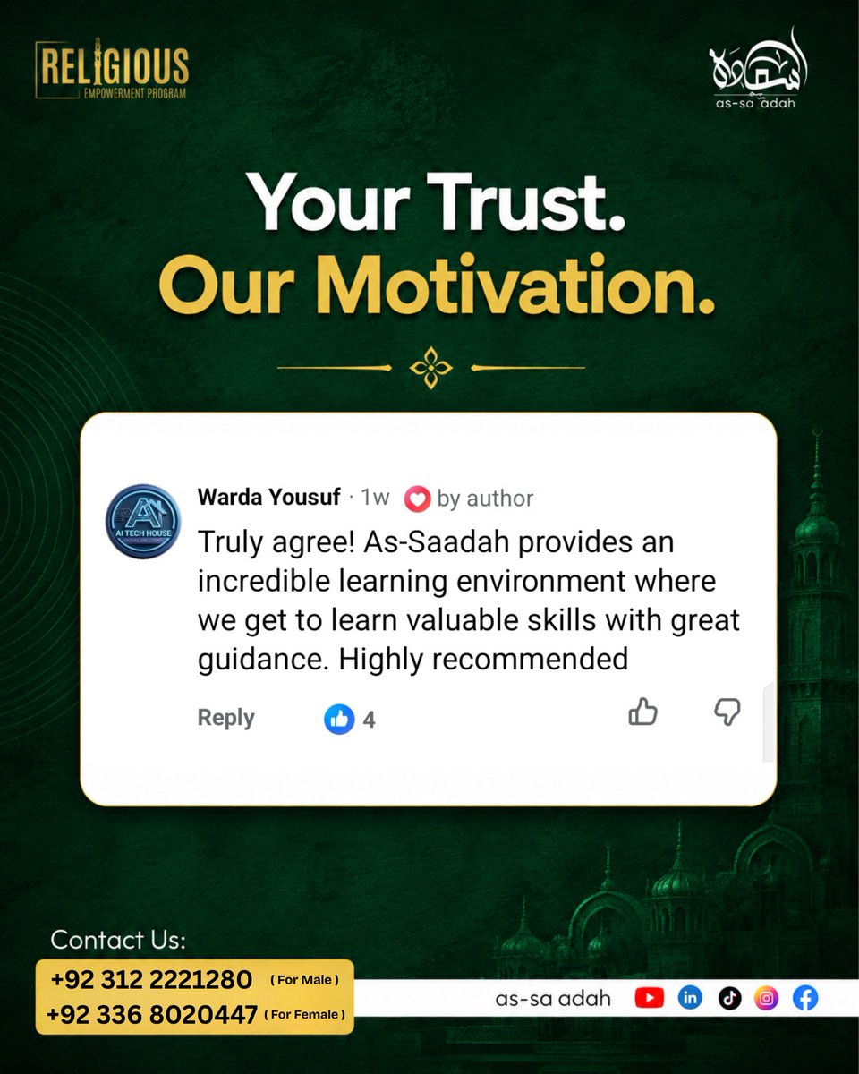 Assaadahoffical's tweet photo. Your trust is our motivation.

At AS-SA’ADAH, every student’s positive experience and feedback inspires us to create better learning opportunities.

Learn. Grow. Make an impact.

#AsSaadah #StudentFeedback #SkillDevelopment https://t.co/cvzVpb9eFG