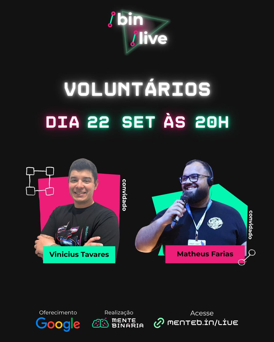 mentebinaria's tweet photo. 🚨É HOJE ÀS 20h!

👾 Quem faz os eventos de cibersegurança acontecerem?

No /bin/live #17, Matheus Farias e Vinicius Tavares vão falar sobre voluntariado, bastidores dos eventos, networking, aprendizado e comunidade.

📅 22/09 | 20h
📺 https://t.co/GNlx6wvjCh https://t.co/UXTJ61lm5q