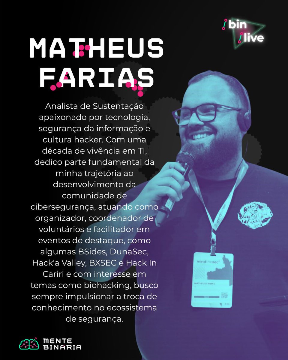 mentebinaria's tweet photo. 🚨É HOJE ÀS 20h!

👾 Quem faz os eventos de cibersegurança acontecerem?

No /bin/live #17, Matheus Farias e Vinicius Tavares vão falar sobre voluntariado, bastidores dos eventos, networking, aprendizado e comunidade.

📅 22/09 | 20h
📺 https://t.co/GNlx6wvjCh https://t.co/UXTJ61lm5q