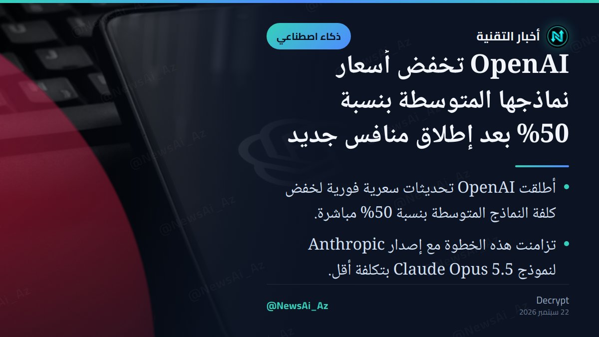 NewsAi_Az's tweet photo. خفّضت OpenAI أسعار نماذجها المتوسطة بنسبة 50% في نفس يوم إطلاق Anthropic نموذجها الجديد الأرخص، مما يرفع حدة المنافسة إلى مستوى الدقائق. هل تعتقد أن هذه الحرب السعرية ستستمر؟

#الذكاء_الاصطناعي #AI #تقنية https://t.co/OKXRM5fXWp