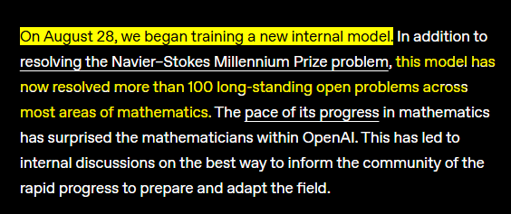 my mind still can't get over this openai started training a new internal model on august 28 since then, it has solved…