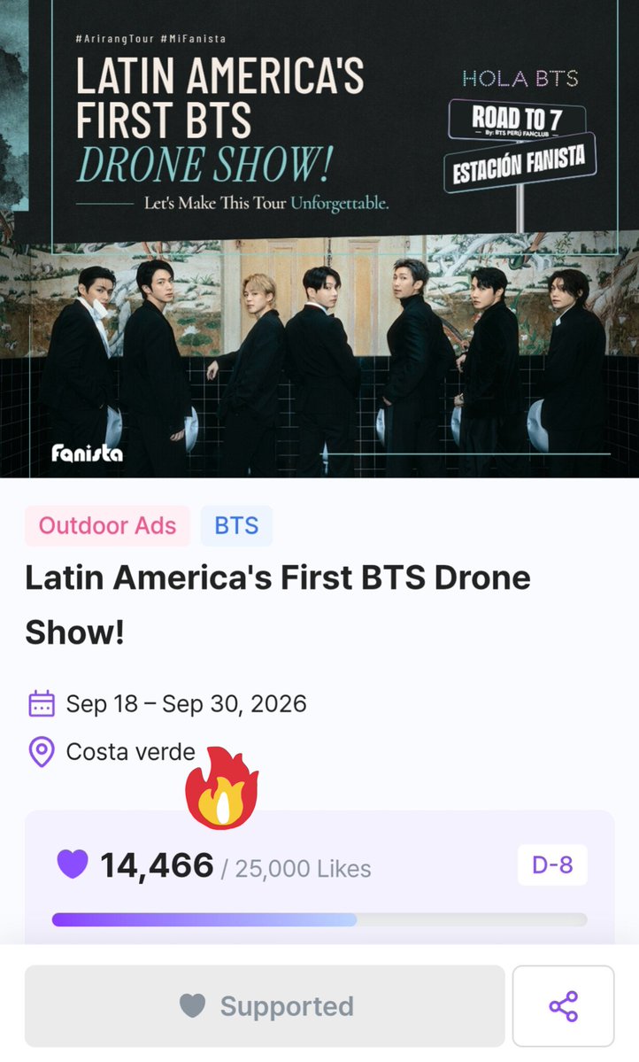 bts_peru1's tweet photo. 📣 10 534 LIKES nos separan de nuestra meta 🚨

ARMY, vamos por el PRIMER SHOW DE DRONES PARA BTS DE LATINOAMÉRICA 🔥

VOTA ‼️
🔗https://t.co/aLs5qEMnzR https://t.co/wIy0yOo4uX