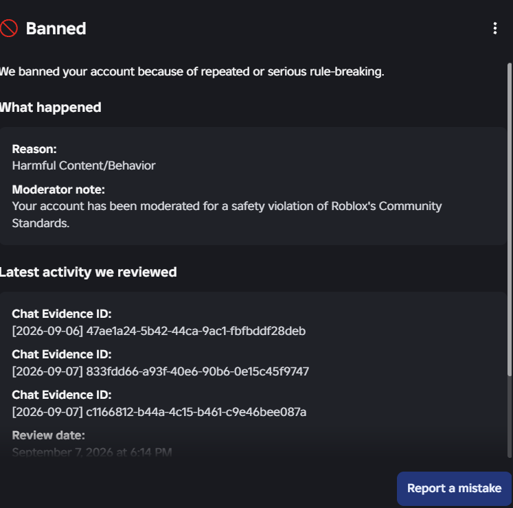 Maxz33Purityz's tweet photo. Still no update. Sending in another appeal tonight and waiting another couple of days, hopefully they respond. We should not be suffering false bans, this is by far the largest banwave I've ever seen. @Roblox @Roblox_RTC https://t.co/zQxNyWcCXO