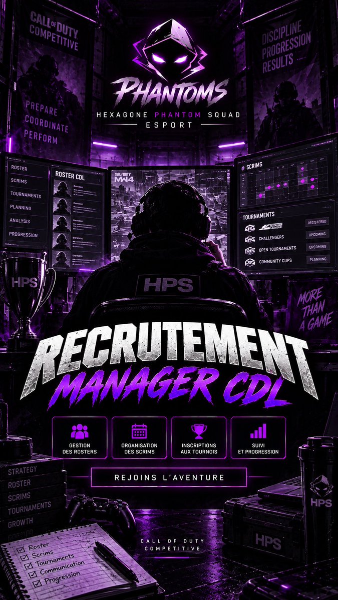 hpsesport's tweet photo. 🟣⚫ RECRUTEMENT - MANAGER CDL

La HPS - Hexagone Phantom Squad, structure esport portée par une association loi 1901, recherche un Manager CDL sur MW4 pour assurer l’organisation et le suivi de ses rosters compétitifs.

Le Manager CDL aura un rôle central dans le fonctionnement de la section : permettre aux joueurs de se concentrer sur leur jeu tout en assurant l’organisation quotidienne, la coordination et le suivi administratif des rosters. 🏆

🎯 Missions principales :

- Gestion et suivi des rosters CDL
- Organisation du planning des équipes
- Recherche et organisation des scrims
- Gestion des disponibilités des joueurs
- Inscriptions aux tournois et compétitions
- Vérification des horaires, règlements et informations de compétition
- Communication des informations importantes aux joueurs
- Suivi des résultats et de la progression des rosters
- Coordination avec le Coach CDL et le staff HPS
- Remontée des besoins ou difficultés rencontrées par les équipes

Nous recherchons une personne organisée, disponible, sérieuse et autonome, avec une bonne communication et idéalement une connaissance de l’environnement Call of Duty compétitif/CDL.

🔥 Le Manager n’est pas simplement là pour transmettre des horaires : nous recherchons quelqu’un capable de suivre réellement ses équipes, d’anticiper leurs besoins et de contribuer au développement de la section CDL sur le long terme.

⚔️ Le Manager travaillera directement avec les joueurs, le Coach CDL et les responsables de la structure afin de maintenir une organisation claire et sérieuse.

📩 Intéressé ? Contacte-nous en MP avec ton expérience, tes connaissances du compétitif/CDL, tes motivations et tes disponibilités.

#HPSEsport #CallOfDuty #CDL #CODCompetitive #MW4