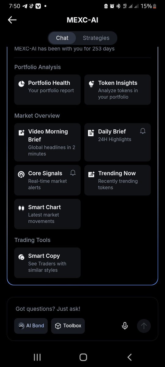 KleboUlrich's tweet photo. Tried #MEXCAI and the Toolbox surprised me.  

One button opens up 7 different tools: Portfolio Health, Token Insights, Video Morning Brief, Daily Brief, Core Signals, Trending Now, Smart Chart, Smart Copy. Didn't expect that much packed behind a single tap.

I tried Video Morning Brief next and this look like a global market highlights condensed into 2 minutes, ready before I've even opened my charts.

Feels less like a chatbot and more like a full trading desk built into the app.

#TradingTakesTwo #MEXCAI