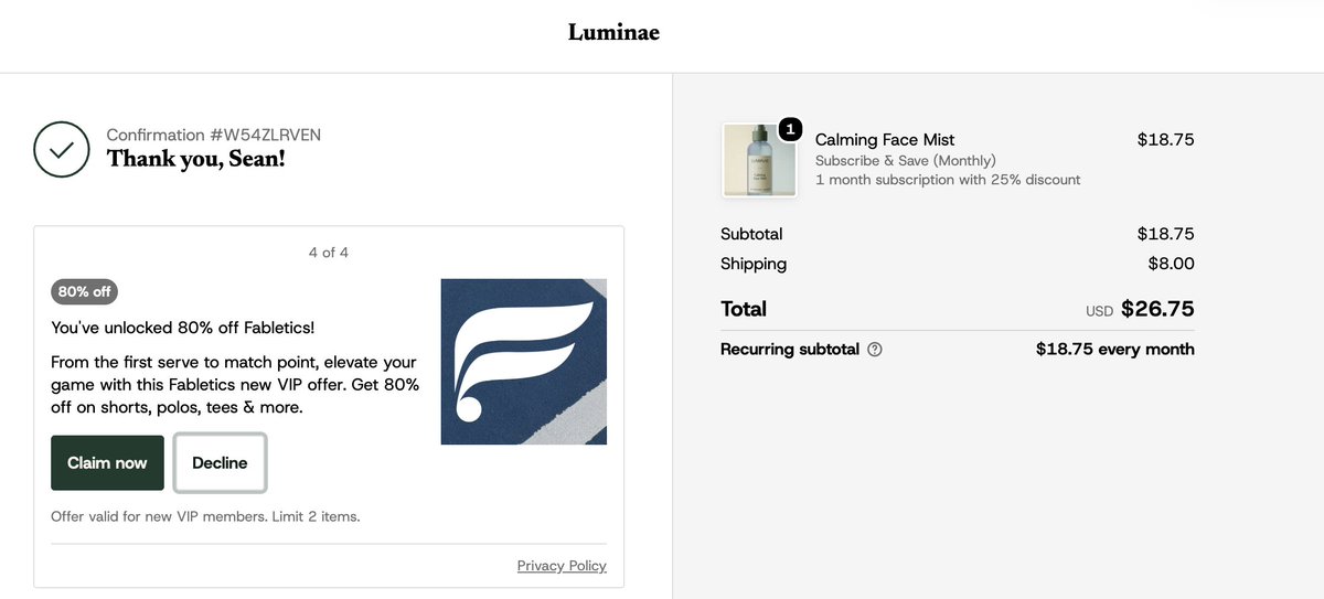 seanquinlan's tweet photo. 100 days at rokt and connected with +75 brands.

the thing i didn't expect is how many are sleeping on a profit line they've never turned on

your confirmation page is the only page in ecom where the customer has already paid and has nothing left to do

most brands put a tracking link on it and call it finished

rokt thanks puts a relevant third-party offer there instead

- brand gets paid for the placement
- customer gets something they actually want

what sold me before i ever worked here: on the same site i get sports streaming offers. my girlfriend gets calm, headspace, alo. the offers are just too relevant to the customer it's insane.

and the brands running it don't call it ad revenue. they call it what it pays for – more ad spend, a bonus for the team, something they couldn't fund last month

bfcm is over 9 weeks out

anyone already running offers on their confirmation page – what are you seeing?