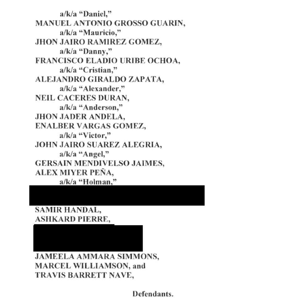 JakobJohnston's tweet photo. There are 4 names redacted from the new US indictment for the assassination of Haiti's president, Jovenel Moïse. There are going to be some panic attacks in Haiti (and Florida?) until they are revealed. https://t.co/yknIDi8cA9