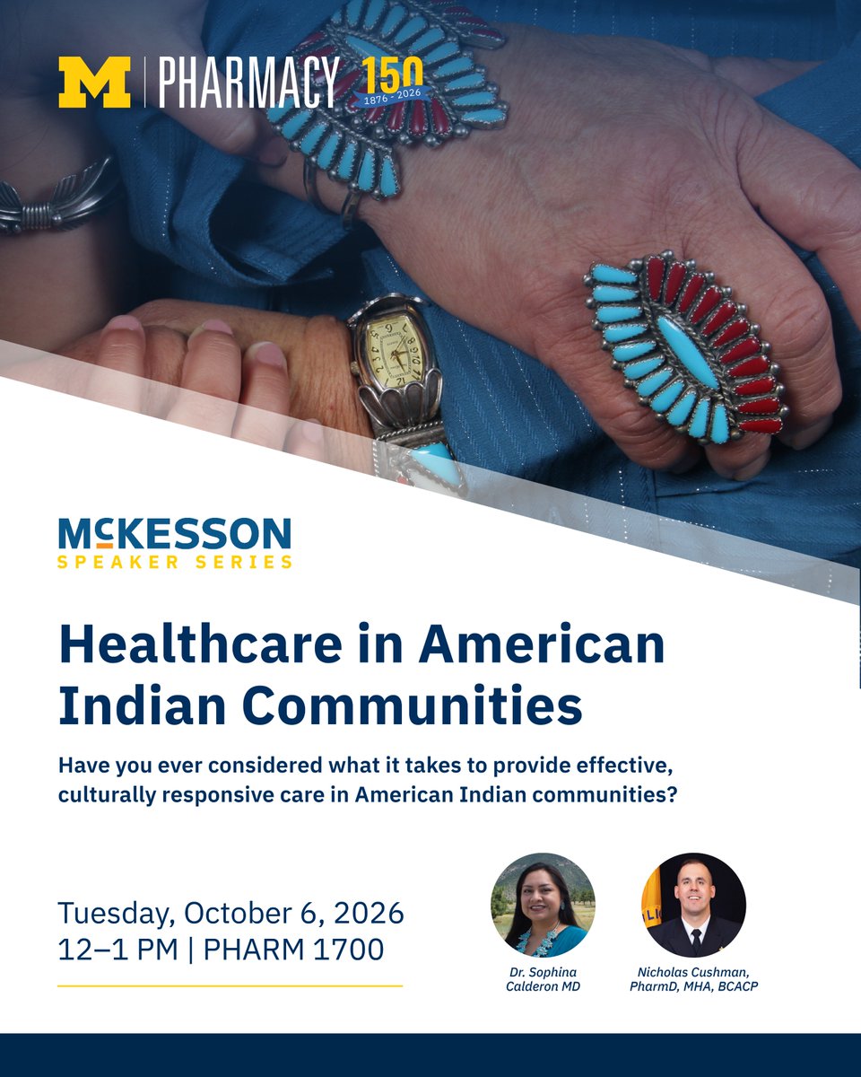 UMichPharmacy's tweet photo. Join us on Oct. 6 for the McKesson Foundation Health Equity Speaker Series: Healthcare in American Indian Communities, with Dr. Sophina Calderon and Dr. Nicholas Cushman.

Learn more ➡️  https://t.co/vSLgJfhTtW https://t.co/7Vn3NNravA