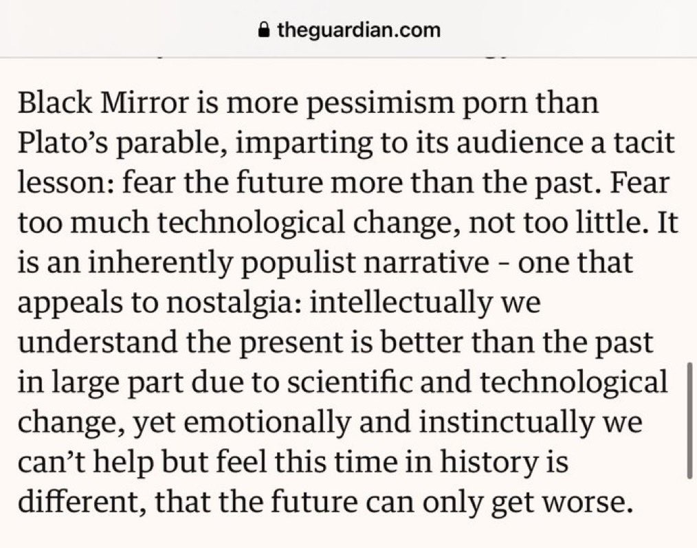 LouisAnslow's tweet photo. We must resist the Frankenstein Fallacy: 

“intellectually we understand the present is better than the past in large part due to scientific and technological change, yet emotionally &amp; instinctually we can't help but feel this time in history is different” https://t.co/ksIpI90tOn https://t.co/qPhPXmpSVc