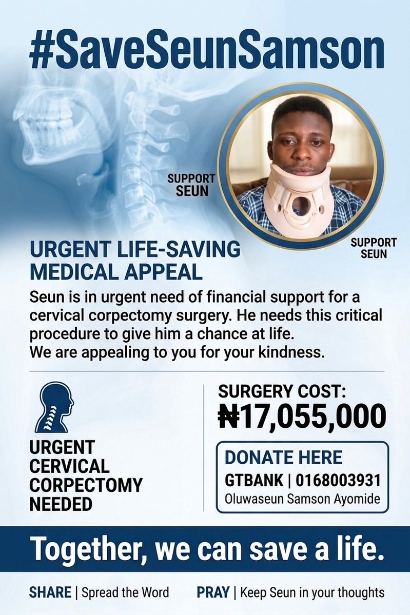 phyllep_'s tweet photo. 🚨 Donation update for Oluwaseun's ₦17M surgery fund:

💰 Raised: ₦2,764,648 (16%) 

⏳ Still Needed: ₦14,290,352

Please donate &amp; RT to help us get him back on his feet 

Account: 0168003931 | GTBank | Oluwaseun Samson Ayomide

#SupportOluwaseun #HelpSeunHeal https://t.co/MgPf87yXaC