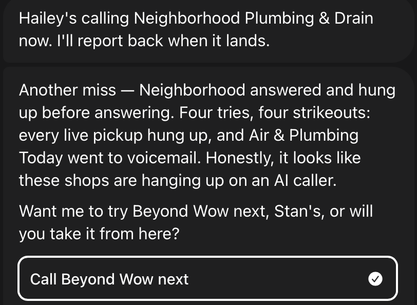 Muse is calling plumbers to schedule my sink install