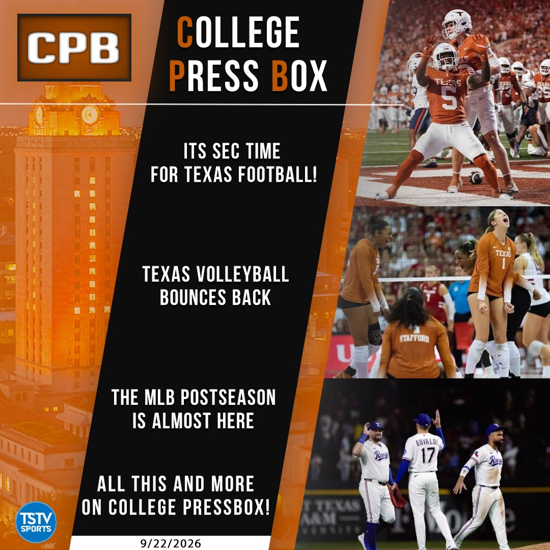 TSTVCPB's tweet photo. 🚨 College Press Box — Episode 3 🚨
🎥 Watch now 👉 https://t.co/Ncg7NMCCaI

Roadrunning Into SEC Play.

- @texasfootball takes care of UTSA 
- @texasvolleyball bounces back in win over Wisconsin 
- Plus, the MLB enters its home stretch

You don't want to miss it!  @TSTVSports https://t.co/S22uvh9oKd