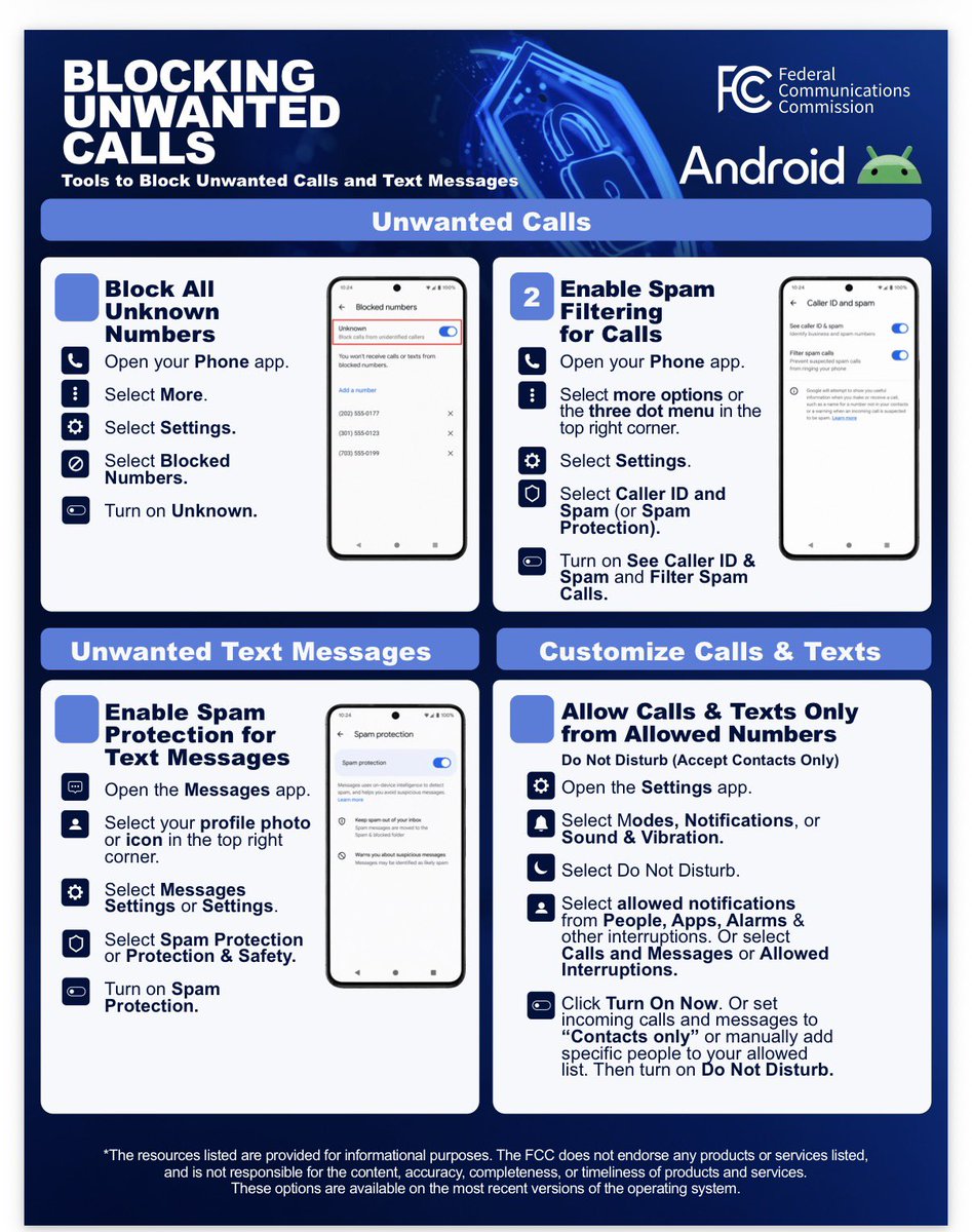 BrendanCarrFCC's tweet photo. NEW

As part of our ongoing efforts to crack down on illegal robocalls and text, the FCC has published step-by-step guides that enable consumers to turn on blocking and filtering tools.

They are specific to your type of phone and carrier. 

Find them here: https://t.co/aAcfXYDSJO
