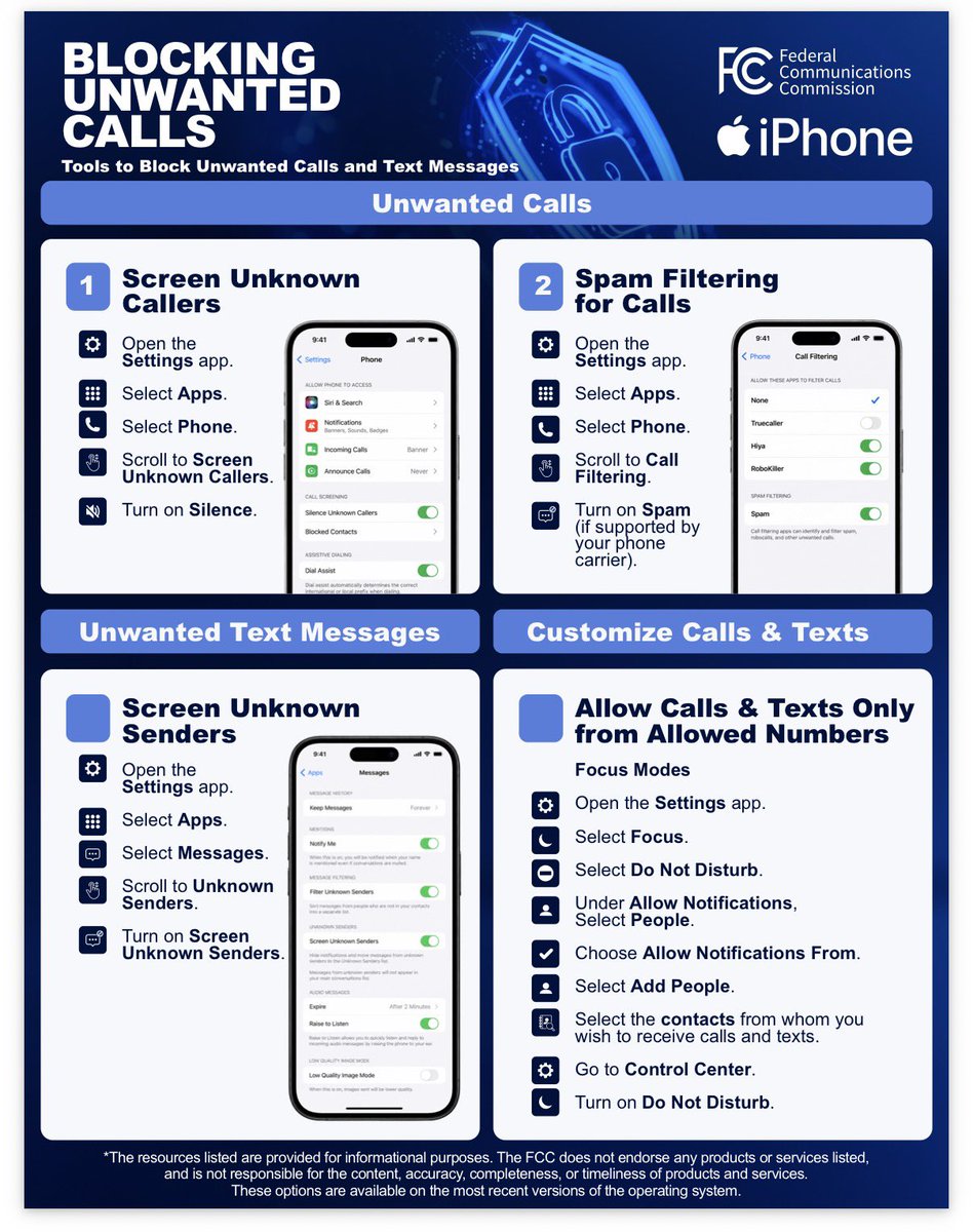 BrendanCarrFCC's tweet photo. NEW

As part of our ongoing efforts to crack down on illegal robocalls and text, the FCC has published step-by-step guides that enable consumers to turn on blocking and filtering tools.

They are specific to your type of phone and carrier. 

Find them here: https://t.co/aAcfXYDSJO