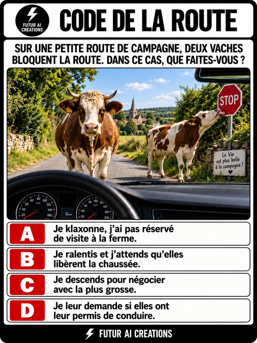 Benjamin_Sibuet's tweet photo. 🚗⚠️ CODE DE LA ROUTE
Sur une petite route de campagne, deux vaches bloquent la chaussée… et l'une d'elles semble avoir un petit creux ! 🐄😂
Dans ce cas, vous faites quoi ?
A, B, C ou D ? 👇
#CodeDeLaRoute #Humour #Quiz #Devinette #VieALaCampagne https://t.co/OxOxxi8rjN
