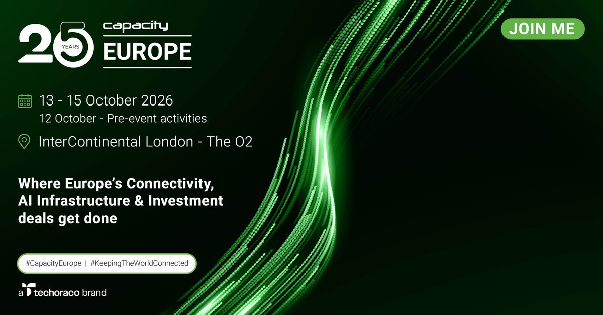 hottelecom's tweet photo. Capacity Europe turns 25, and the industry is still turning up.
 
From 13 to 15 October, more than 4,000 decision-makers from over 90 countries will gather at the InterContinental London – The O2 for Capacity Europe 2026.

HOT TELECOM 10% discount code: HOTTEL10

#CapacityEurope https://t.co/WKVxE4jFZG