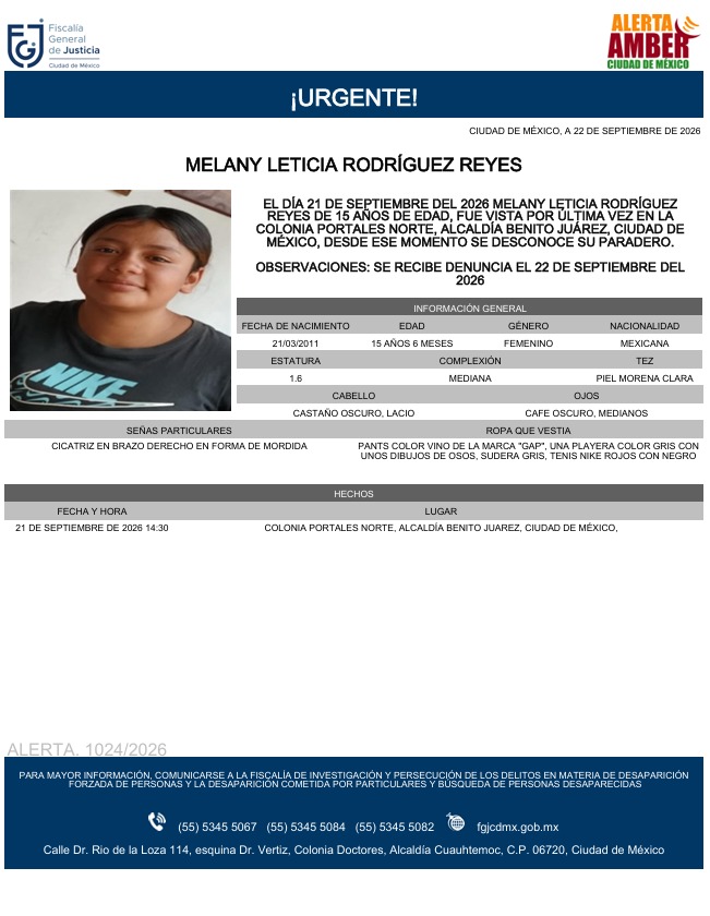 AAmberCDMX's tweet photo. Se activa #AlertaAmber para localizar a Melany Leticia Rodríguez Reyes, de 15 años, vista por última vez el pasado 21 de septiembre, en la colonia Portales Norte , alcaldía Benito Juárez. https://t.co/h59KnBpqmX