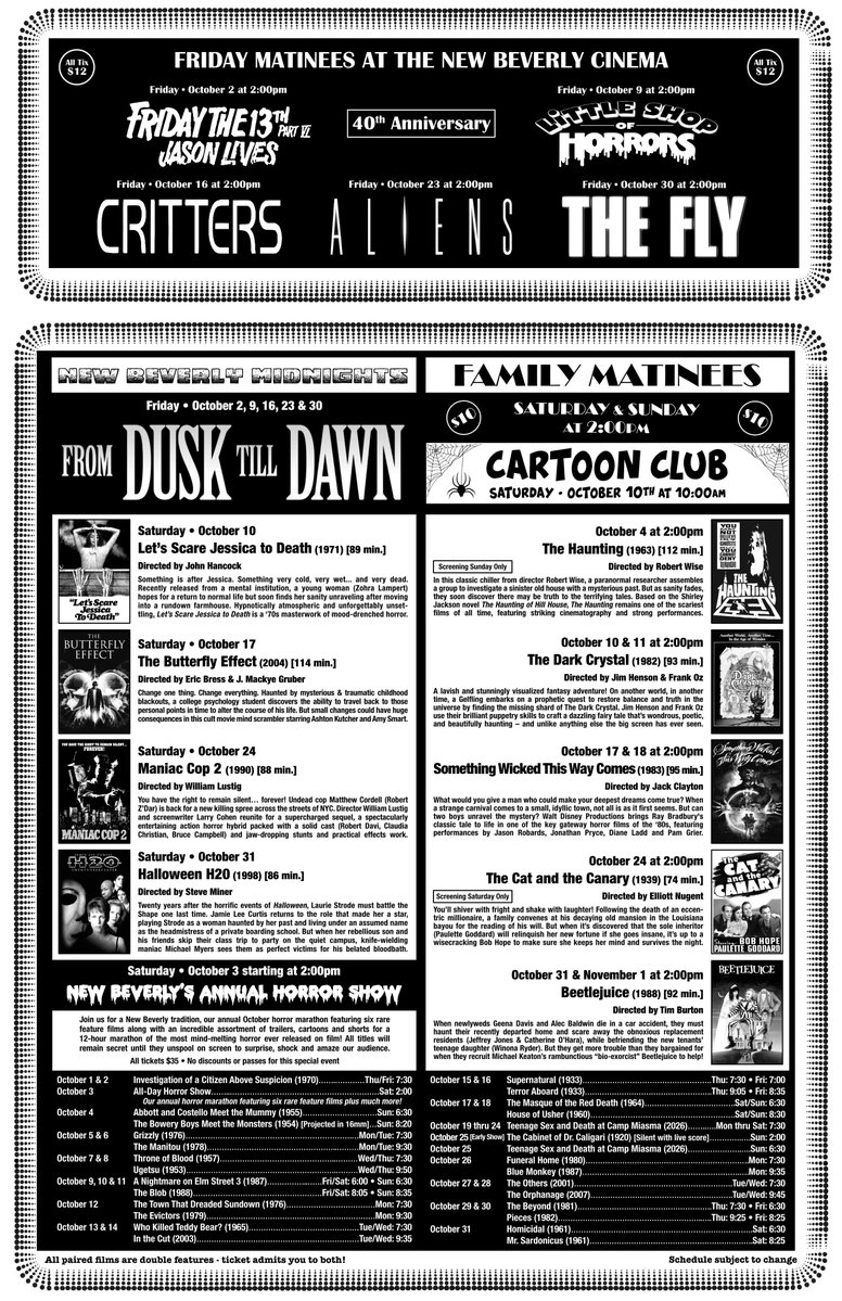 newbeverly's tweet photo. This October the New Beverly proudly presents a host of horrific rarities, festive frights, international classics, and spine-tingling delights! Share with friends and let us know what you're most excited to see. https://t.co/J4HNexp1VG