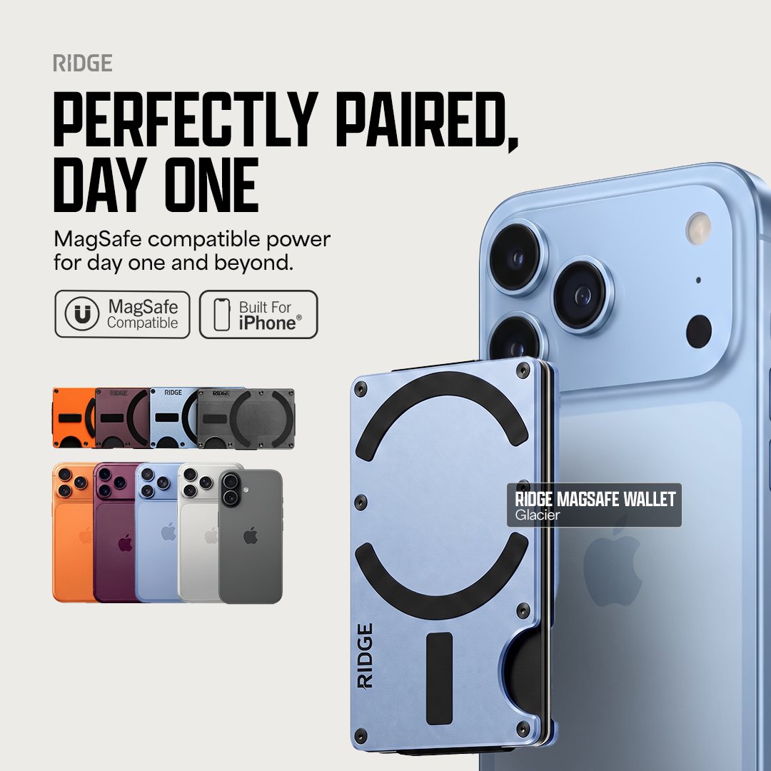 ridgewallet's tweet photo. You picked your phone's color for a reason. The Ridge Wallet for MagSafe now comes in Light Blue and Dark Cherry, finishes drawn from the newest iPhones. Snap it on. Meet your match.