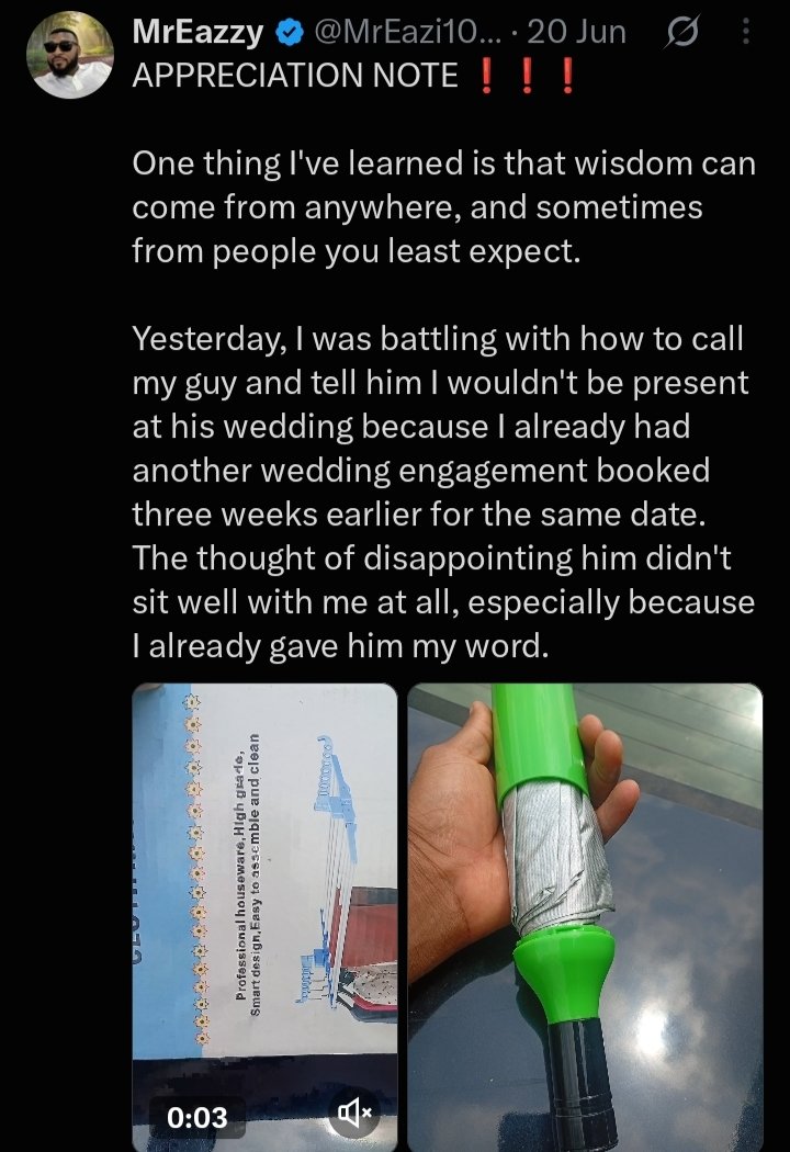 MrEazi105419's tweet photo. You remember this tweet @Prezain_LJ ? This is how intentional I can be with gifts.

I had two weddings to attend on that day 20th June, but I made sure I attended the church service for the first one and gave him a baby hanger as my gift.

As I was leaving for the second wedding, he handed me an umbrella souvenir, which is still in my car till today.

Not every occasion has to be about money, especially weddings. Sometimes, the little things you give can carry more meaning because they remind the recipient of the day.

Everything about a wedding ought to be SYMBOLIC. Do you think otherwise?