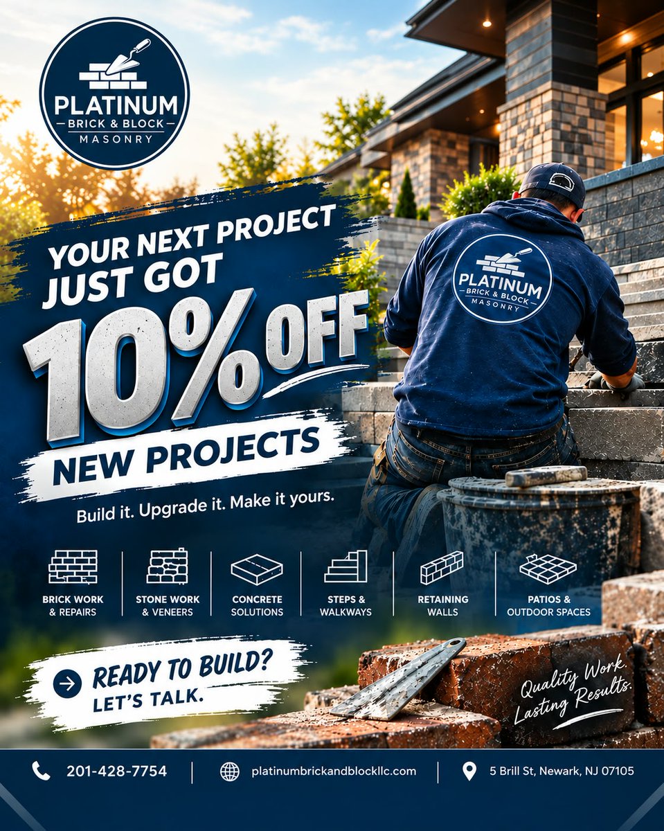 platinumBBLLC's tweet photo. 🔥 LIMITED-TIME: 10% OFF Your Next New Project!

Transform your outdoor space with Platinum Brick &amp; Block - brickwork, concrete, stonework, patios, walkways &amp; retaining walls.

📞 201-428-7754
📍 5 Brill St, Newark, NJ
🌐 https://t.co/StA0XzviGe

#Masonry #LimitedTimeOffer https://t.co/rluxA2DtRq