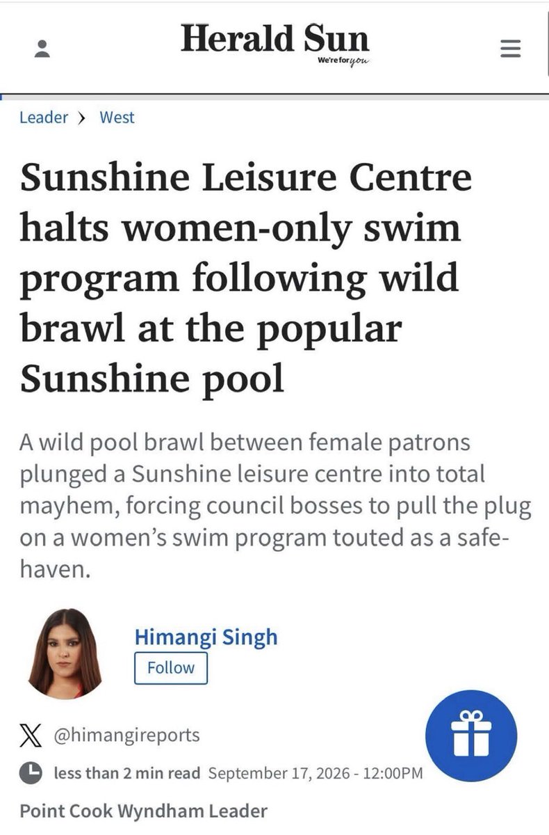 salltweets's tweet photo. I received this message about this headline: (shared with permission)

“Hi Sall, in case you find the below of interest;

What little media reported it, wrongly attributed it to ‘all female’ however it was instigated by a TiM in the Women’s change room last week who was confronted by a pregnant woman. Man then pushed pregnant woman to the ground. Two female staff members were then assaulted by the man, with at least one punched. Rather than address the misogyny at hand, council scrap the entire Women only swimming sessions.”