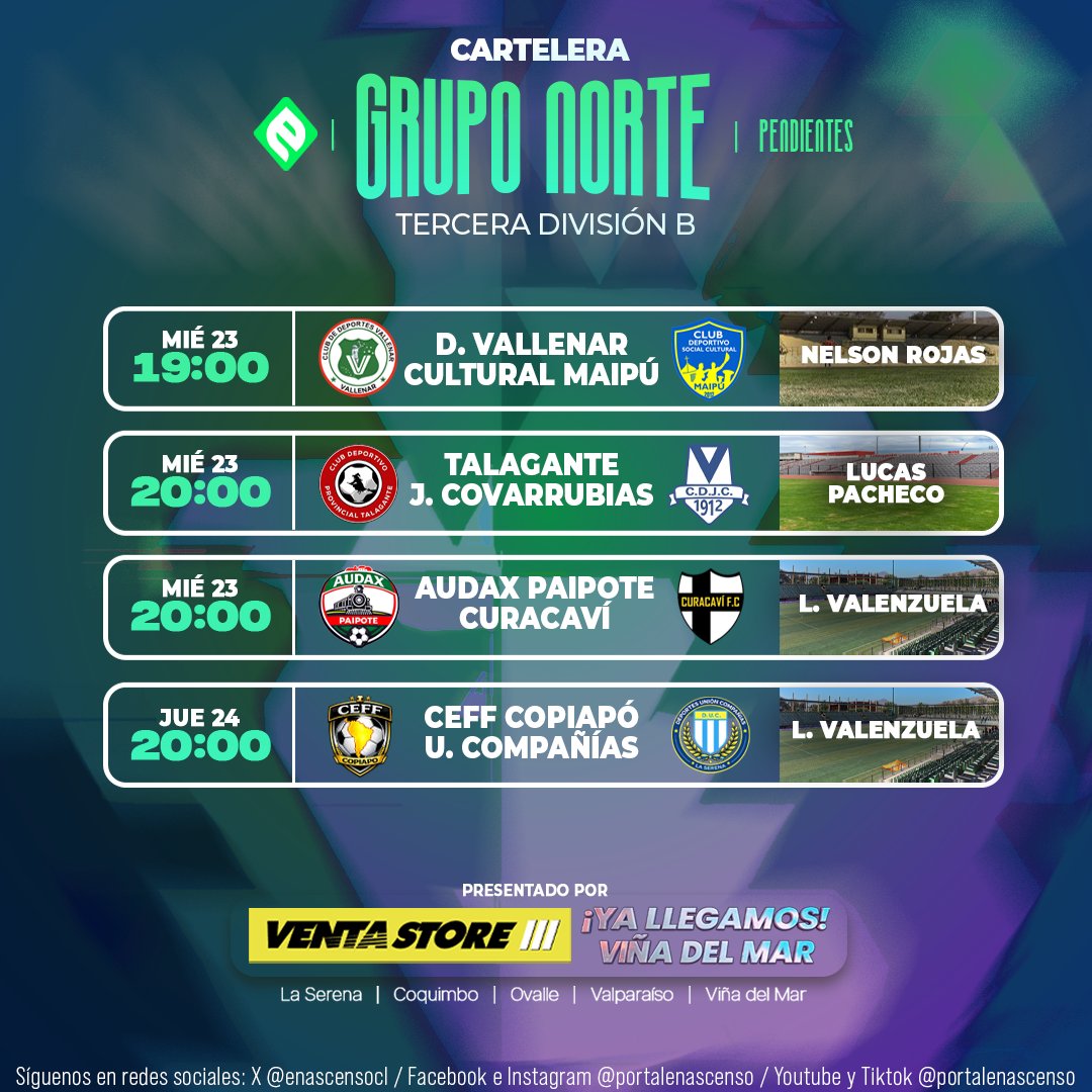 enascensocl's tweet photo. Te traemos la Cartelera de los partidos pendientes de la #TerceraB a disputarse desde mañana miércoles hasta el día jueves ⚔️ Presentado por 🚗🟡⚫ @ventastore_chile

El Grupo norte se continúa poniendo al día con estos cuatro partidos pendientes:

➡️ Deportes Vallenar vs. Cultural Maipú
➡️ Provincial Talagante vs. Julio Covarrubias
➡️ Audax de Paipote vs. Curacaví FC
➡️ CEFF Copiapó vs. Unión Compañías

___

¡VENTASTORE 🟡⚫ ya está en Viña del Mar! 👏

Encuentra nuestra nueva sucursal de @ventastore_chile: 📍 14 norte 1084, Viña del Mar. Retiro en tienda disponible.