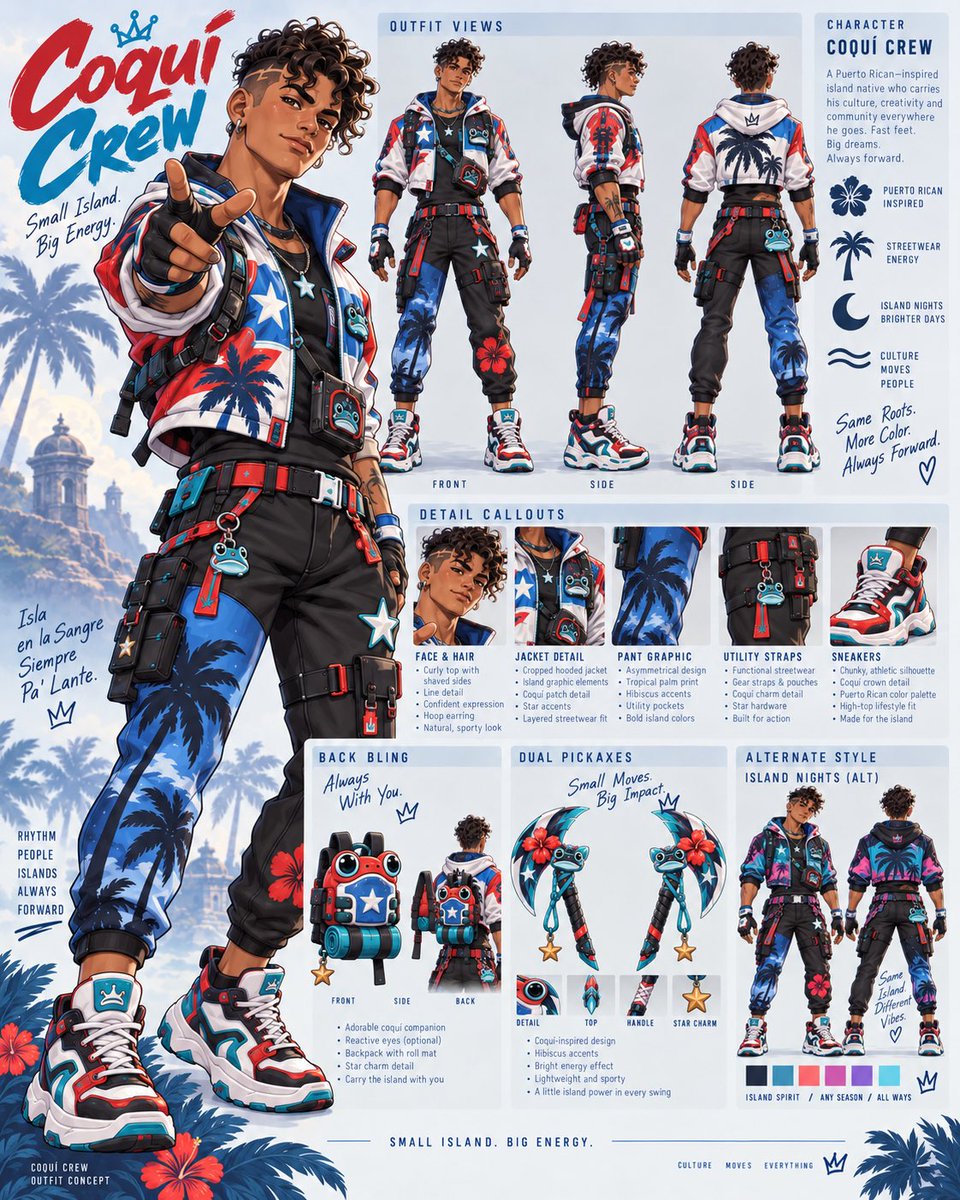 Toxic_Gii's tweet photo. What if Fortnite had a Puerto Rican-inspired island collection? 

Introducing Isla Voltage, Isla Strike, Coquí Rush &amp; Coquí Crew — original outfit concepts inspired by Puerto Rican culture

#Fortnite #FortniteConcept #FortniteSkinConcept #FortniteArt #EpicGames #FortniteCommunity https://t.co/v8rMtzoGmM