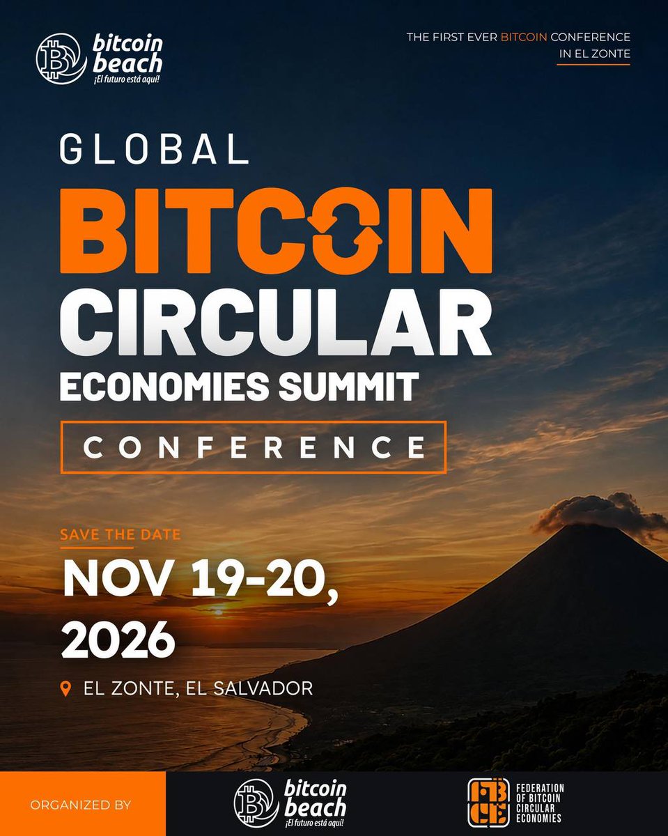 BitcoinEkasi's tweet photo. There's a Global Bitcoin Circular Economies Summit happening in El Salvador in November 2026!!

Organized by @Bitcoinbeach, this is the first Bitcoin Conference in El Zonte, ground zero for this movement. 

Join us there and support the effort to make Bitcoin every day money.

📅 November 19–20
🎟️ Limited spots:
👉 https://t.co/F3KsvSxANS

@FBCEglobal 
@romanmartinezc