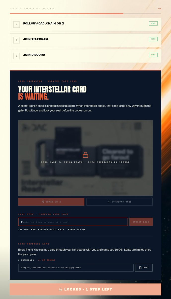 muhoam205's tweet photo. My Interstellar Card is being drawn. 

A secret launch code is inside. When Interstellar opens, this code is the only way through the gate.

Locking my seat early. Don't fade this.

@dac_chain #DAC #Interstellar https://t.co/LDpD27Ujp9