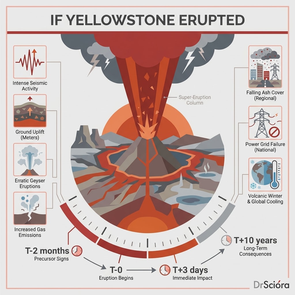 DrSciora's tweet photo. The end of humanity? Not quite. A Yellowstone super-eruption gives weeks of warning — then buries cities in ash, blackouts North America, and cools the globe 1.5°C. Civilization survives. #Yellowstone #volcano https://t.co/saPHiWlmZO