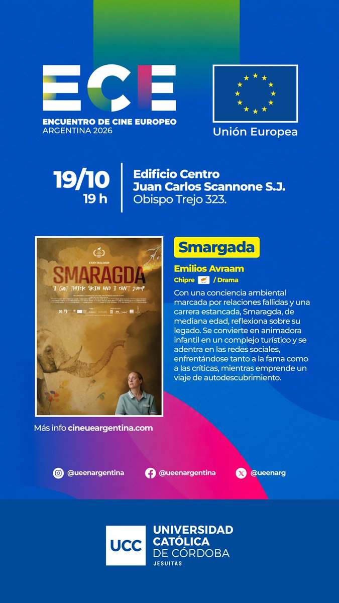 UCCoficial's tweet photo. No te pierdas las películas del Encuentro de CINE EUROPEO en la UCC🎬📽️🎞️

Con el lema “Historias para conversar el presente y pensar el futuro”, llega al país y a nuestra Universidad la edición 2026 de este encuentro que presenta una selección de películas de 18 países de la Unión Europea que reflejan la diversidad, creatividad y vitalidad del cine contemporáneo.

Entre el humor y el drama, la memoria y el presente, las historias reunidas este año que se podrán ver en el auditorio Diego de Torres de nuestro Edificio Centro "Juan Carlos Scannone S.J." (Obispo Trejo 323), nos invitan a reflexionar sobre los vínculos, la libertad, la identidad y las decisiones que marcan nuestras vidas.

Este ciclo es convocado por la @UEenARG y cuenta con el apoyo de las embajadas e institutos culturales de @AlemaniaenArg, Austria, @BelgicaenBAires, Chipre, @MFA_Croatia, @SLOinARG, España, Finlandia, @FranceArgentine, @AlianzaFBsAs, @IFArgentine, @GreeceArgentina, Hungría, @IrlEmbArgentina, @IICbaires, @NLinArgentina, @PLenArgentina, @camoes_ip, República Checa, @SueciaenAR y @UKRinARG.

🎬Te compartimos el PROGRAMA en la UCC:

En el Auditorio "Diego de Torres" se proyectarán TRES PELÍCULAS con entrada libre y gratuita⬇️

➡️ 5 de octubre, 19 h | Gente oculta (Eslovenia 🇸🇮 )
Sinopsis: Guti (35) y Sig (50) se despiertan golpeados, con resaca y esposados a la orilla de un río cerca de Liubliana. Sig sufre de amnesia y no recuerda de dónde viene ni por qué está -según cree- atrapado en Eslovaquia. Junto con Guti, emprenden un viaje para recuperar el pasaporte y la identidad de Sig mientras trabajan en el proyecto soñado de Guti.
En la presentación de esta película, contaremos con la presencia de representantes de Eslovenia, además de la docente y estudiantes de esloveno de la UCC.

➡️19 de octubre, 19 h | Smaragda (Chipre 🇨🇾 )
Sinopsis: Con una conciencia ambiental marcada por relaciones fallidas y una carrera estancada, Smaragda, una mujer de mediana edad, reflexiona sobre su legado. Se convierte en animadora infantil en un complejo turístico y se adentra en el mundo de las redes sociales, enfrentándose tanto a la fama como a las críticas mientras emprende un viaje de autodescubrimiento.

➡️26 de octubre, 19 h | Jippie no more (Países Bajos 🇳🇱 )
Sinopsis: La familia de Jippie viaja a la casa del abuelo en el campo para celebrar la boda de su hermana mayor. Mientras todos trabajan para conseguir la boda perfecta, Jippie, un chico de 16 años con síndrome de Down y enormes ganas de cantar y vivir, descubrirá tanto el amor como la tristeza de no verlo correspondido. A lo largo de unos días repletos de encuentros, discusiones y canciones, Jippie comprenderá que la familia lo es todo y que él lo es todo para su familia.

🌐 Conocé la programación del Encuentro de Cine Europeo en todo el país➡️https://t.co/Gwzf4BmG0C