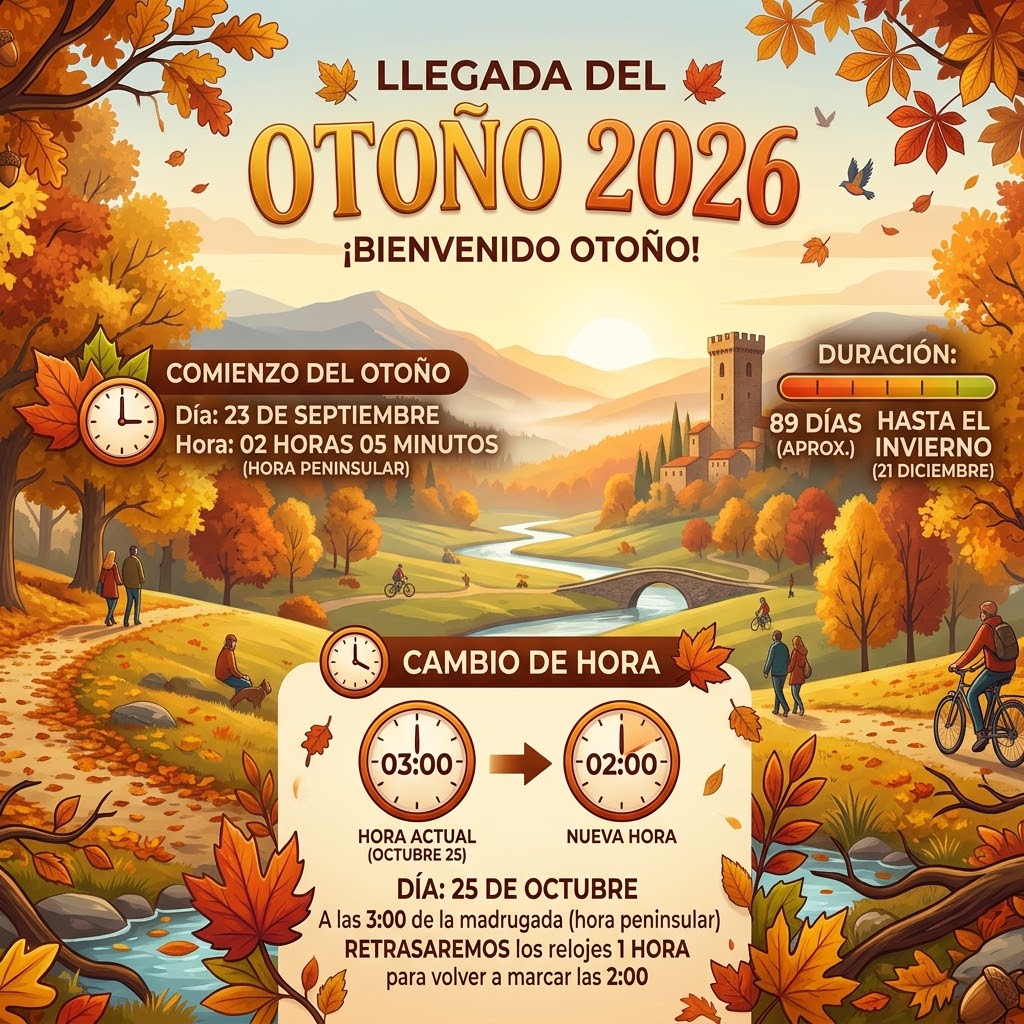 meteosojuela's tweet photo. Llega la OTOÑO🍁
👉Esta próxima madrugada, a las ⏰02:05 m, comienza el 🍁OTOÑO astronómico, con el 🌍EQUINOCCIO de OTOÑO
👉Se espera mayor probabilidad que sea 🌡️CÁLIDO ⬆️y ☔HUMEDO ⬆️en nuestra región
⏰Cambio de hora 📅Domingo 25 de Octubre
#otoño #prevision #larioja #hora https://t.co/Nz95497J6k